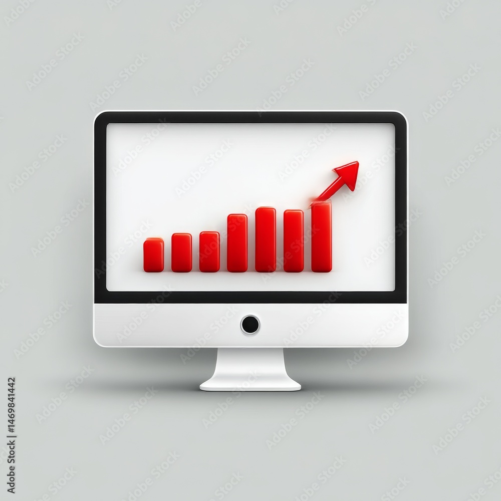 Poster financial growth displayed on computer screen with a red upward trend graph and arrow indicating suc
