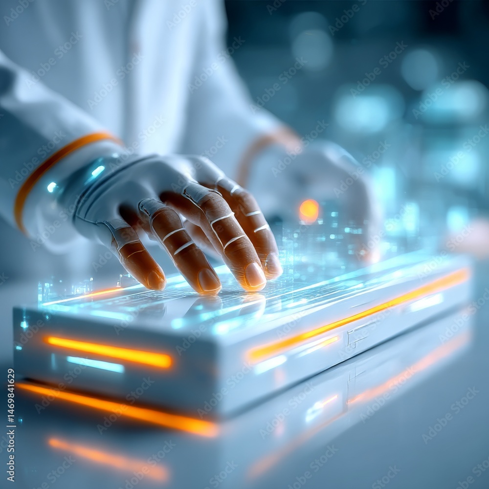 Poster Futuristic Interaction: Human Hands Interface with Glowing Technology Display in a Modern Setting