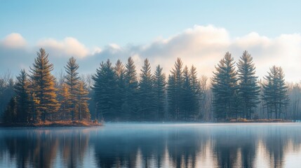 Obraz premium Tranquil Morning at a Misty Pine Forest by a Reflective Lake Under Soft Cloudy Sky