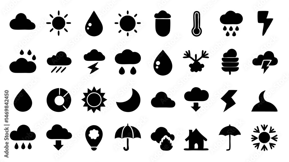 Poster weather and climate icon set featuring bold vector glyph pictograms designed for easy integration in