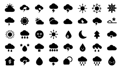 Stylish and clear weather and climate icon set in glyph vector style featuring useful pictograms for forecast apps, climate data visuals, and environmental graphics