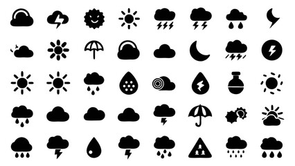 Weather and climate icon set featuring bold vector glyph pictograms designed for easy integration in apps and websites with clean symbols representing various weather conditions