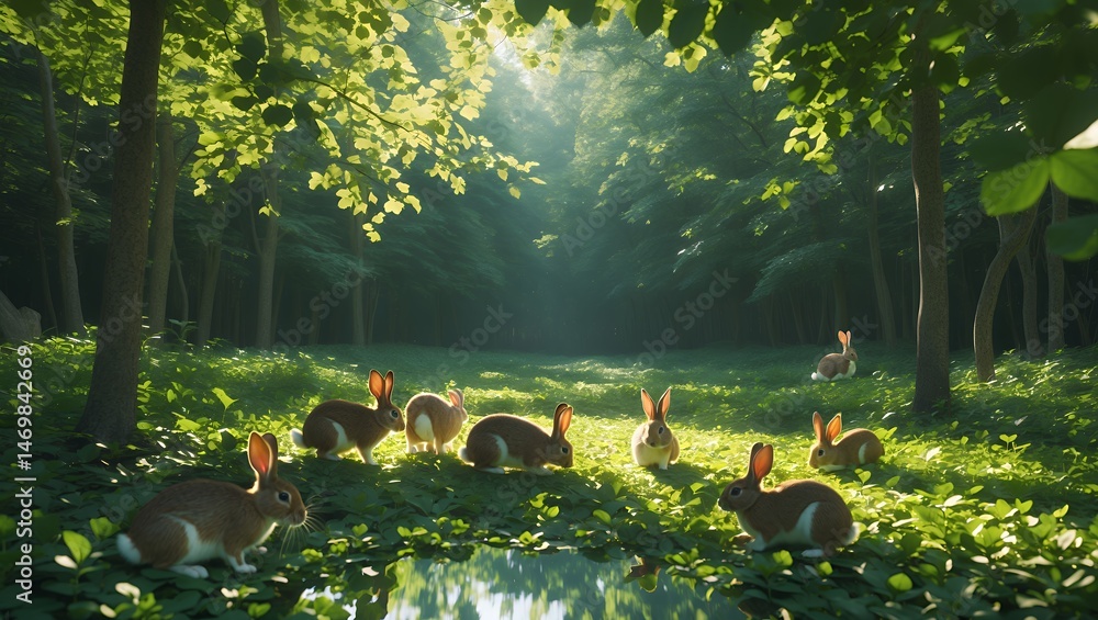 Poster rabbits resting in forest clearing with sunlight and pond reflection