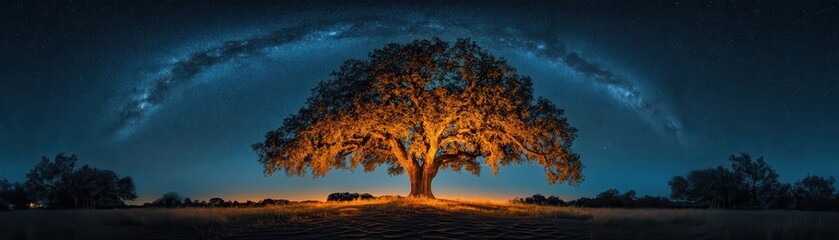 Large Tree Illuminated at Night Underneath a Starry Sky