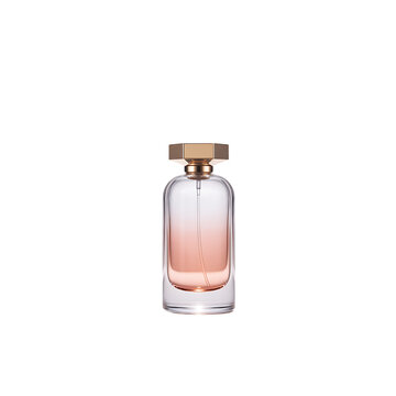 A sleek transparent glass perfume bottle with a gold hexagonal on transparent background