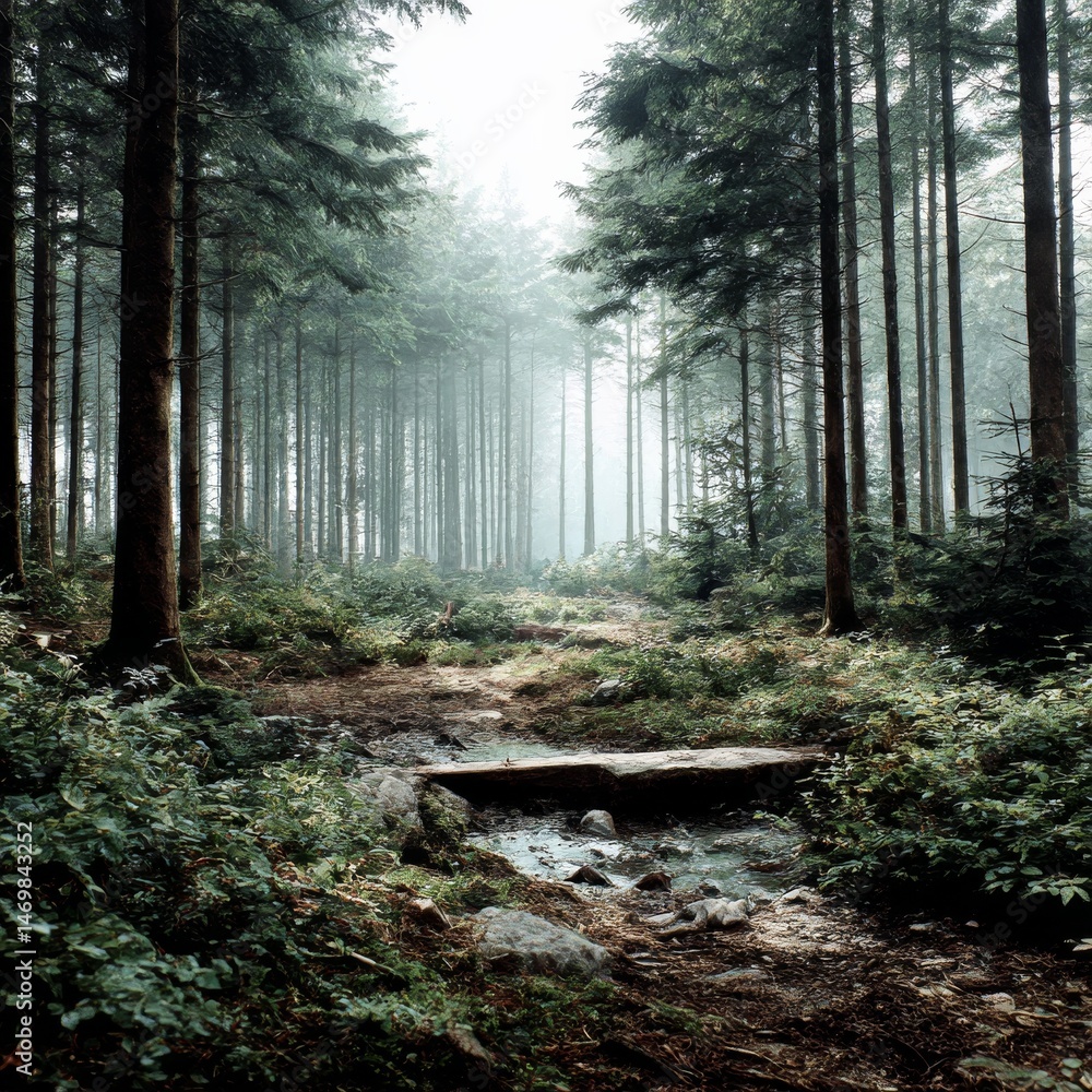 Poster tranquil trail through misty evergreen forest with a small stream and wooden bridge crossing