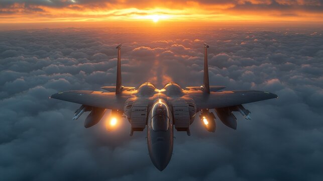 F-15 Eagle Aircraft Flying Above Clouds at Sunset