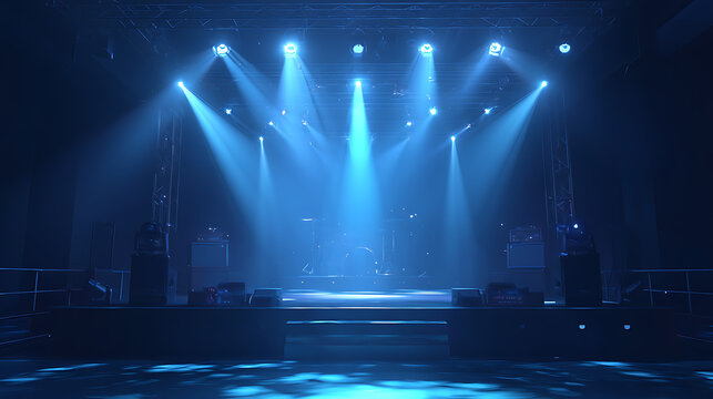 Dramatic stage lighting illuminating an empty concert venue, ready for a live performance