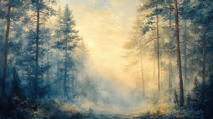 Serene Forest Landscape with Misty Atmosphere and Soft Light Peeking Through Trees at Dawn