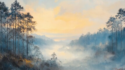 Serene Misty Landscape at Dawn with Soft Light Over Calm River and Trees in Tranquil Nature Scene