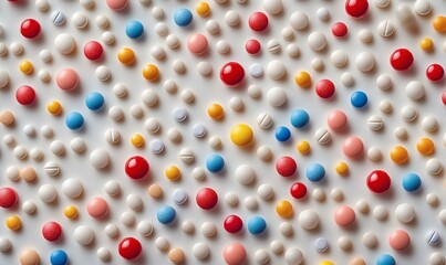 Randomly arranged colorful tablets and capsules in flatlay representing pharmaceutical treatment, healthcare, and medication concepts
