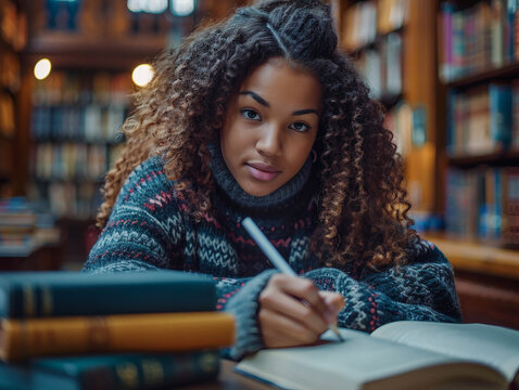 A young woman with curly hair sits at a library table, writing in a book with focus.
