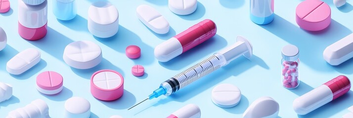 A balanced layout featuring isometric medicine icons and a light blue and green color palette defines the modern veterinary pharmaceutical background