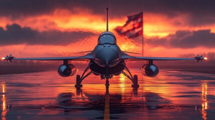 F-16 Fighter Jet on Runway with American Flag at Sunset