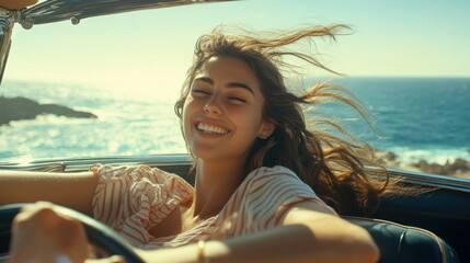 Young woman enjoying scenic coastal drive in convertible car