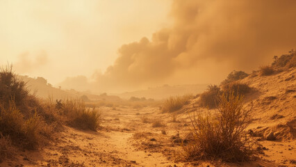 Desert landscape with sand dunes and plants under cloudy sky