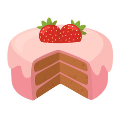 Cartoon Layered Cake with Pink Frosting and Strawberries on Top