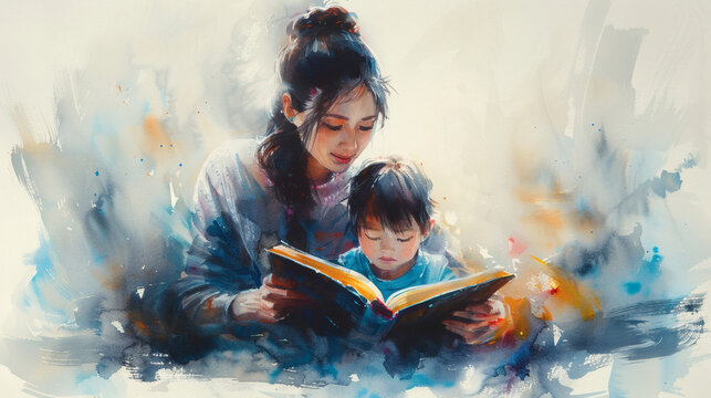 A mother and child engrossed in a book, enjoying a tranquil reading experience together.
