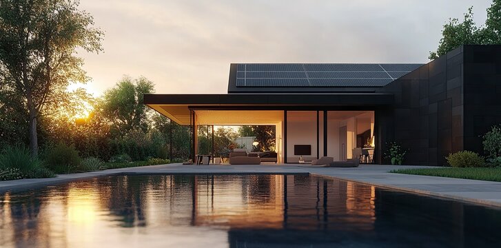 3D rendering of a modern house with solar panels on the roof and a swimming pool in the garden at evening time. Realistic home exterior design, black tiles for the gable wall, white walls, 