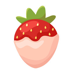Cartoon Strawberry with Pink Cream Dipping and Green Leaves