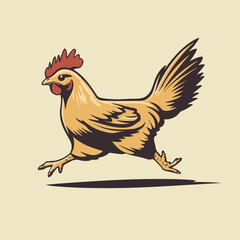 Illustration Of A Brown And Red Rooster Running Across A Pale Beige Background