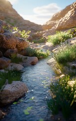 River runs through a rocky canyon, with the water reflecting the sunlight. The scene is serene