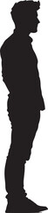 Silhouette of a Man in Profile: A stark black silhouette of a man in profile, standing tall with a neutral expression against the white background, embodying anonymity and universal human form.