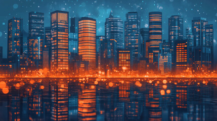 Obraz premium City skyline at night illuminated skyscrapers reflecting in water
