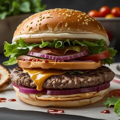 Burger with beef, cheese, vegetables with white Background.