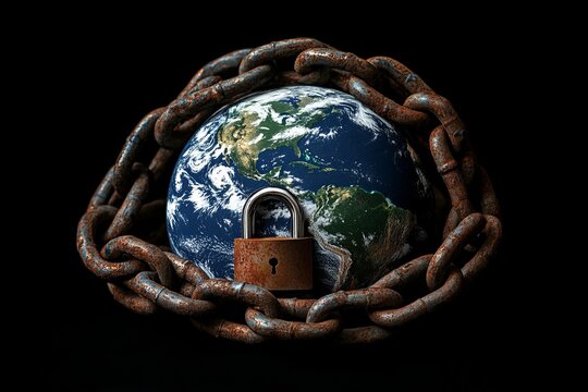 The globe is shackled by chains symbolizing worldwide oppression and political domination in a somber setting