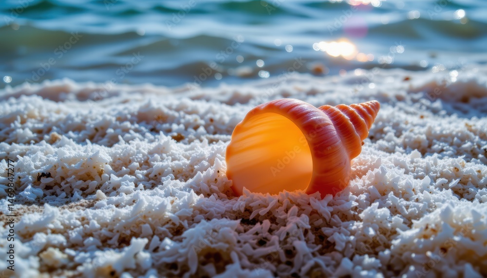 Poster close-up of a colorful seashell on a sandy beach with gentle ocean waves in the background