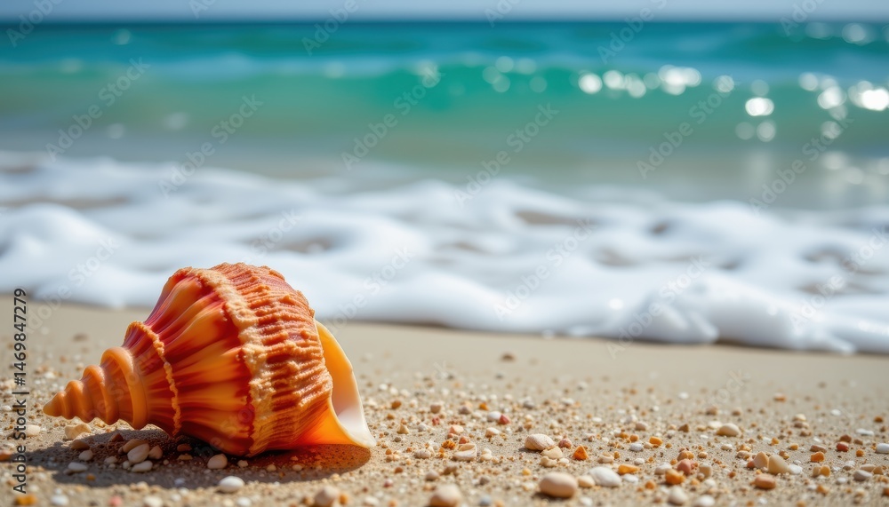 Poster close-up of a colorful seashell on the sandy beach with gentle ocean waves in the background