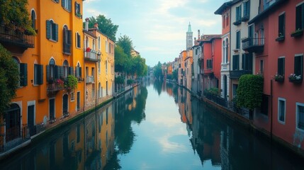 Scenic View of Colorful Buildings Along a Serene Canal in an Italian City at Dawn or Dusk