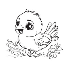 Cute Cartoon Chick With Flowers Black And White Vector Illustration Design For Coloring Pages
