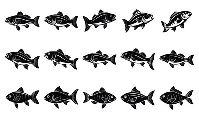 Fototapeta premium A vector set features black silhouettes of animals, including fish and birds, ideal for nature or aquarium illustration and design