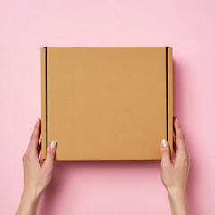 Obraz premium Female hands open empty brown cardboard box against pastel pink background. Mockup parcel box, top view with copy space. Packaging, shopping, delivery concept. Online store promotion