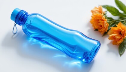 Blue Water Bottle with Orange Flowers