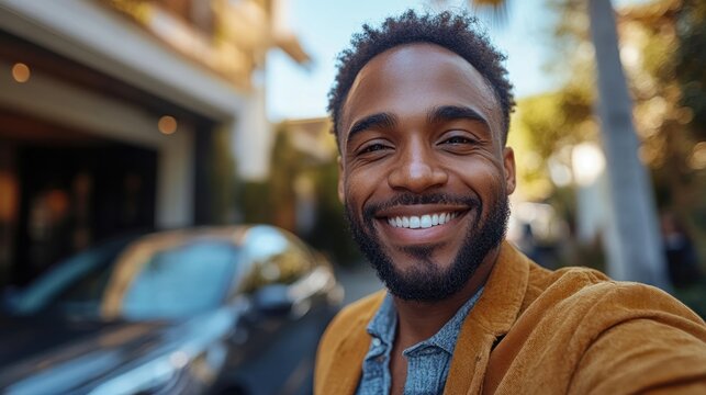 A Smiling Man's Self Portrait on a Sunny Day in a Residential Area