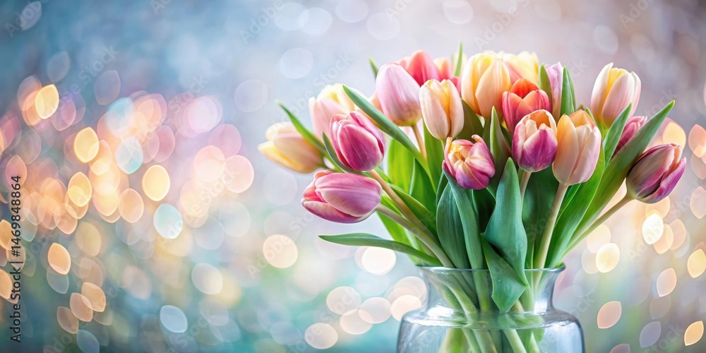 Poster a delicate bouquet of spring tulips in a clear glass vase, set against a soft bokeh background