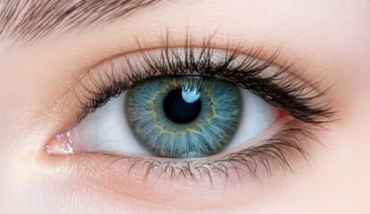 Obraz premium Close-up of a human eye with a beautiful iris, macro photography. Detailed view of a female's green and blue eyes. Human vision concept