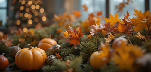 Autumnal Still Life With Pumpkins And Falling Leaves