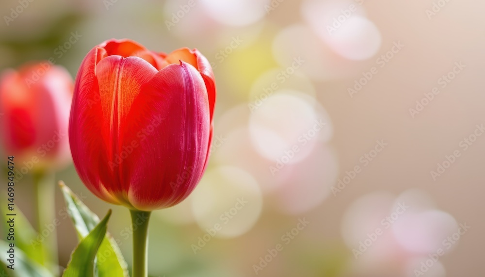 Poster closeup view of vibrant red tulip blooming in a garden with soft bokeh background light