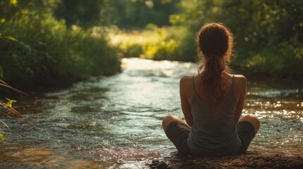 Peaceful Woman Sitting by a Glittering Stream Surrounded by Lush Greenery in a Serene Natural Landscape