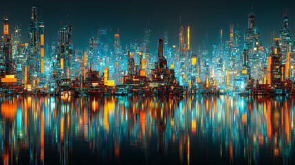 Obraz premium High-Tech Megacity at Night with Glowing Reflections