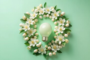 A photo of a small light bulb surrounded by flowers against a light green background conveys the idea of ​​a harmony of energy with nature or a creative idea