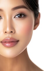 Obraz premium A close-up portrait of an Asian woman with clean, healthy skin and glossy lips on white background. The focus is on her face, showcasing flawless complexion, natural makeup, and subtle smile.