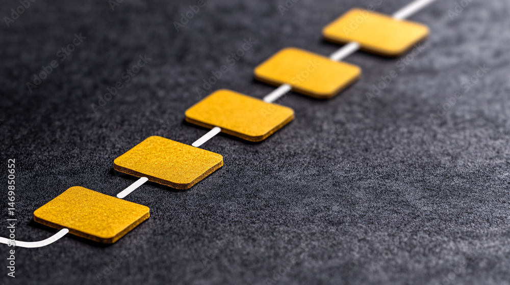 Poster workflow for result and conclusion. abstract arrangement of yellow shapes on a dark surface.