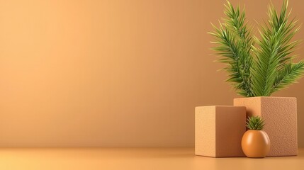 Tan and beige still life featuring textured blocks, a small green plant, and a single egg. Minimalist and modern aesthetic with muted earth tones