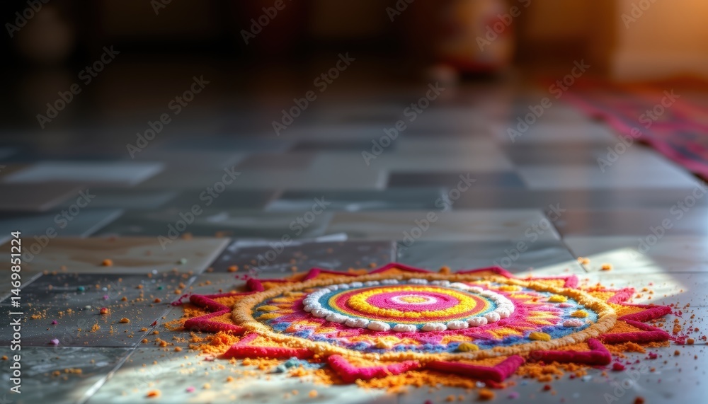 Poster Colorful Rangoli Design on Floor with Intricate Patterns in a Festive Atmosphere