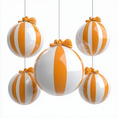 Five Glossy Orange and White Striped Christmas Ornaments Hanging